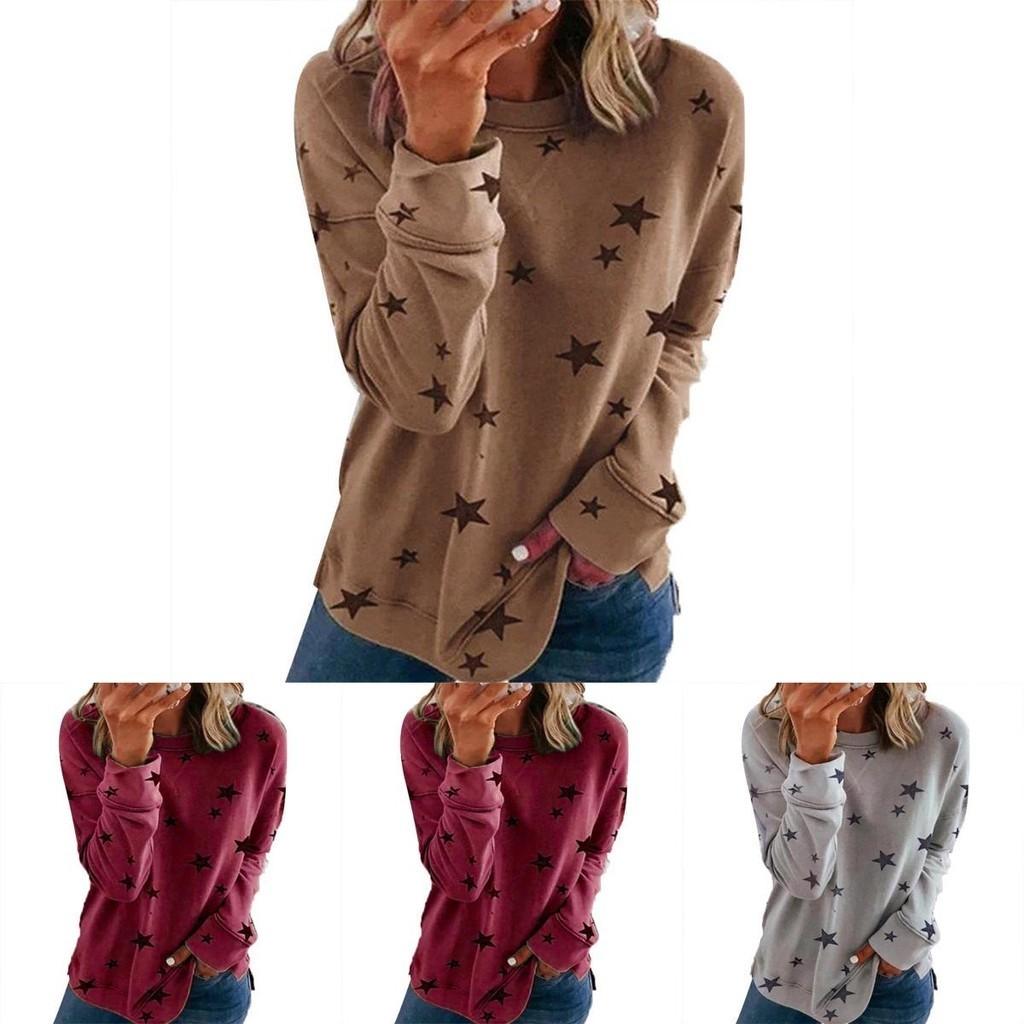 Women Casual Tunic Crew Neck Long Sleeve Star Print Tee Top Blouse For Daily Comfort And Style