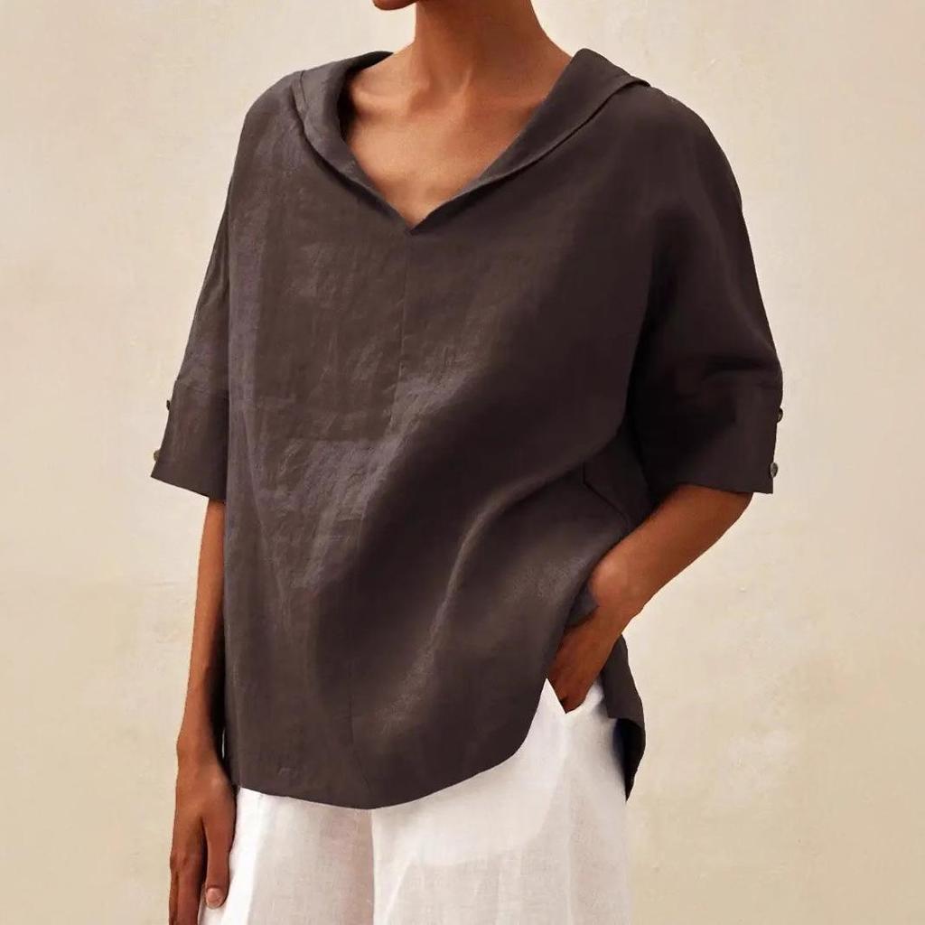 Dámský jednobarevný bavlněno-lněný volný top s kapucí