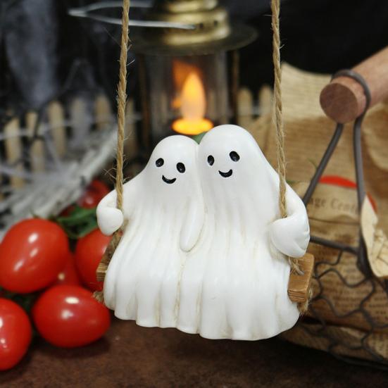 Swing Ghost Couple Figurine Halloween Ghost Hanging Decoration Resin White Ghost Couple Ornament for Indoor Outdoor Garden Patio Porch Decor