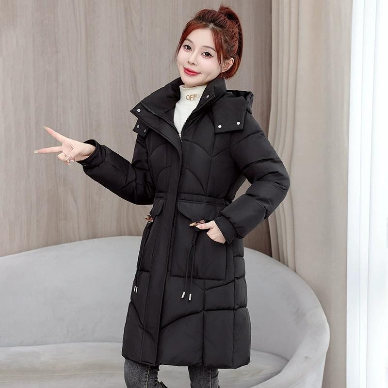 

Зимняя женская парка с меховым капюшоном, утепленная теплая хлопковая подкладка, пуховик, повседневная длинная парка, свободная верхняя одежда S чёрный