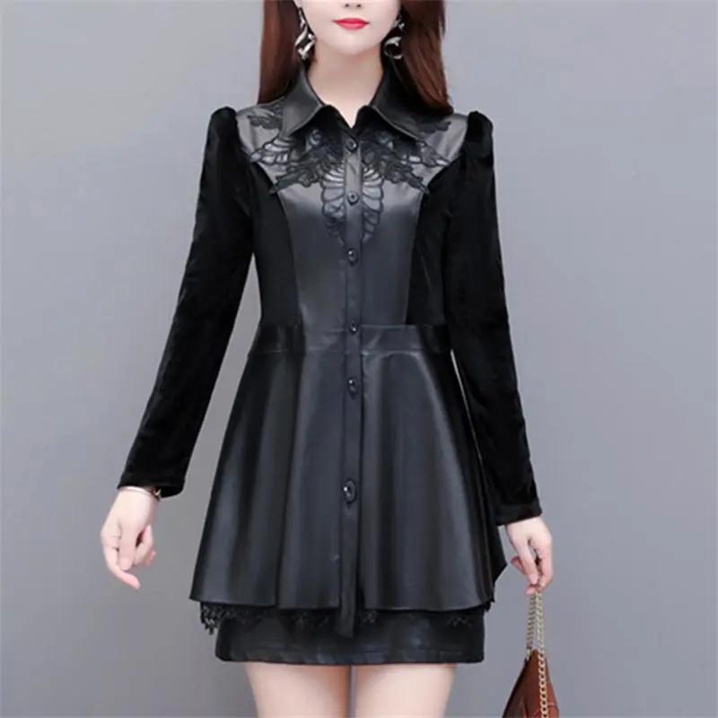 

Женская куртка-ветровка из искусственной кожи с длинными рукавами и принтом больших размеров, средней длины XXS чёрный