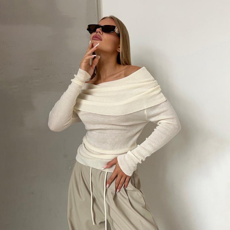 Sexy Off Shoulder Knitted Sweater for Women Fashion Autumn Slim Fit Solid Pullover Sweaters Women Slash Neck Long Sleeve Knitwears Tops 25081