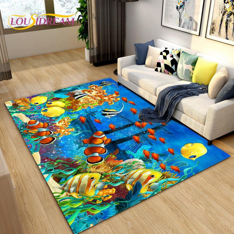 3D Underwater World Sea Turtle Dolphin Area Rug Large,Carpet Rug for Living Room Bedroom Sofa Doormat Kitchen,Non-slip Floor Mat