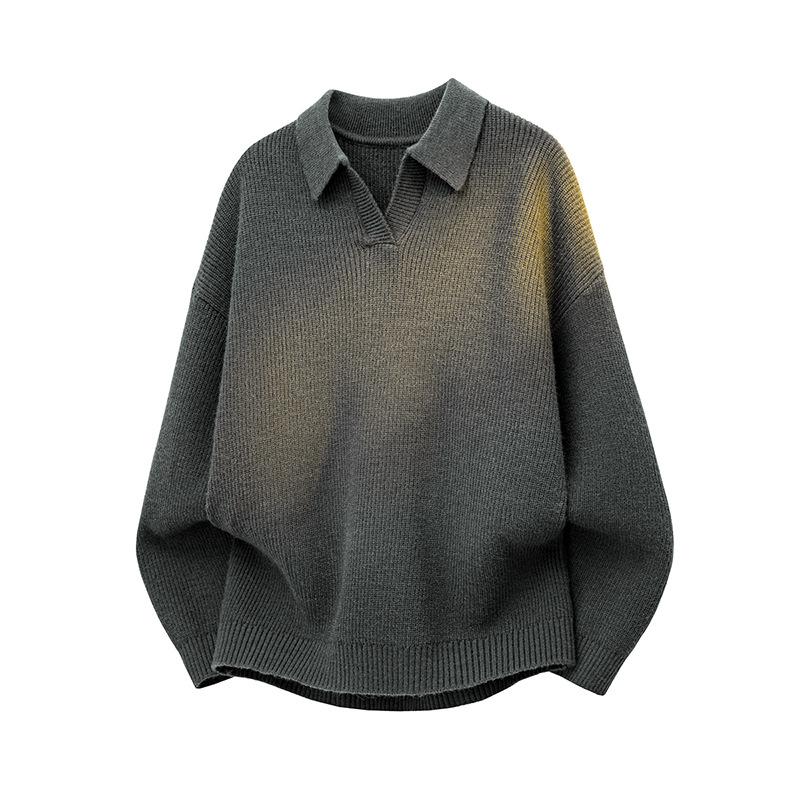 Men Casual Business Loose Long Sleeve Turn Down Collar V Neck Knit Polo Sweater