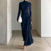 Autumn New Women's Clothing European and American, Temperament Slim-fitting High-necked Pleated Hip-wrapped Long-sleeved Dress Dress