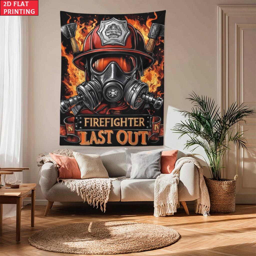 Firefighter Last Out Tapestry Fireman Helmet Gas Mask Wall Art Rescue Hero Poster Emergency Service Tribute Bold Design