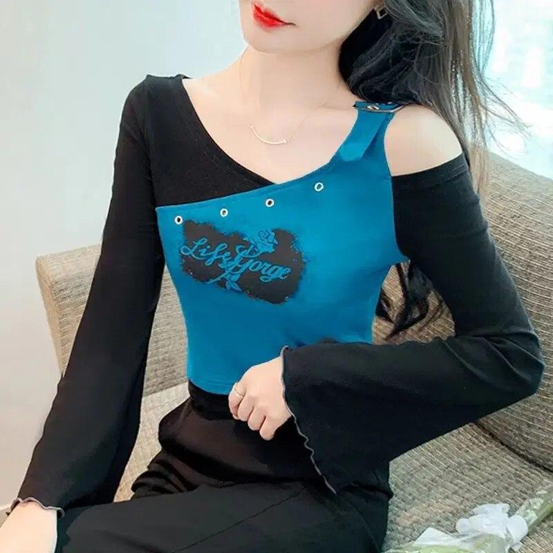 

Весна-лето, новая модная футболка с длинным рукавом с принтом, женская уличная повседневная футболка с открытыми плечами, тонкие пуловеры со съедобным деревом и грибком M синий