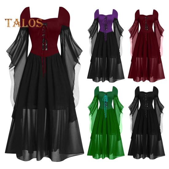 Vinatge Damenkleid, unregelmäßige Hornärmel, einfarbig, A-Linie, großer Saum, schmale Taille, plissierter Schnürriemen, mittelalterliche Halloween-Party, Cosplay-Kostümparty