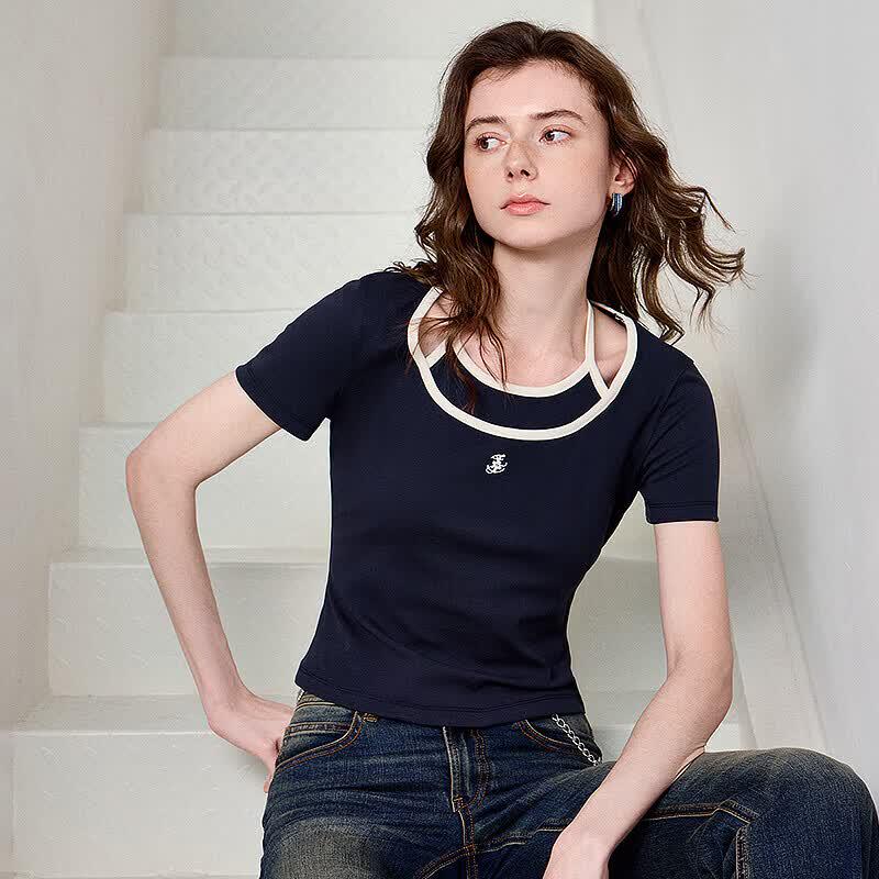 Chuyu Women's Nautical Anchor Embroidered Slim Fit Faux Two-Piece Short Sleeve T-Shirt