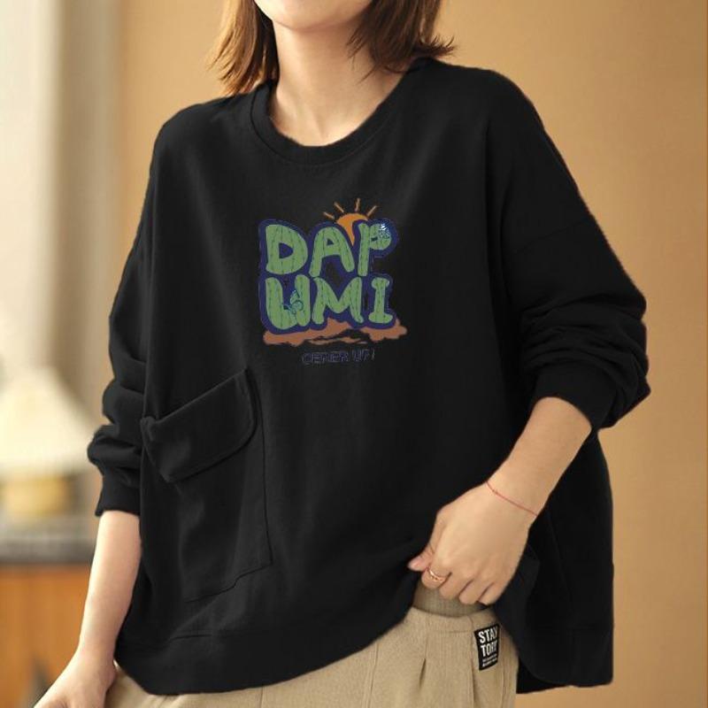 Top pentru femei cu design temperament pentru toamnă și iarnă, cu buzunar, cu gât rotund, cu mâneci lungi, tip hanorac