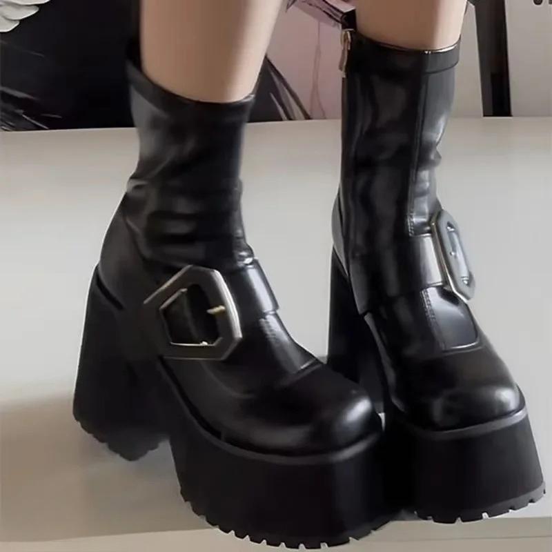 

Metal Locking Fashion Ankle Boots Woman New Spring Ultra-High Heel All-Match Platform Booster Sleeve Knight Boots 39