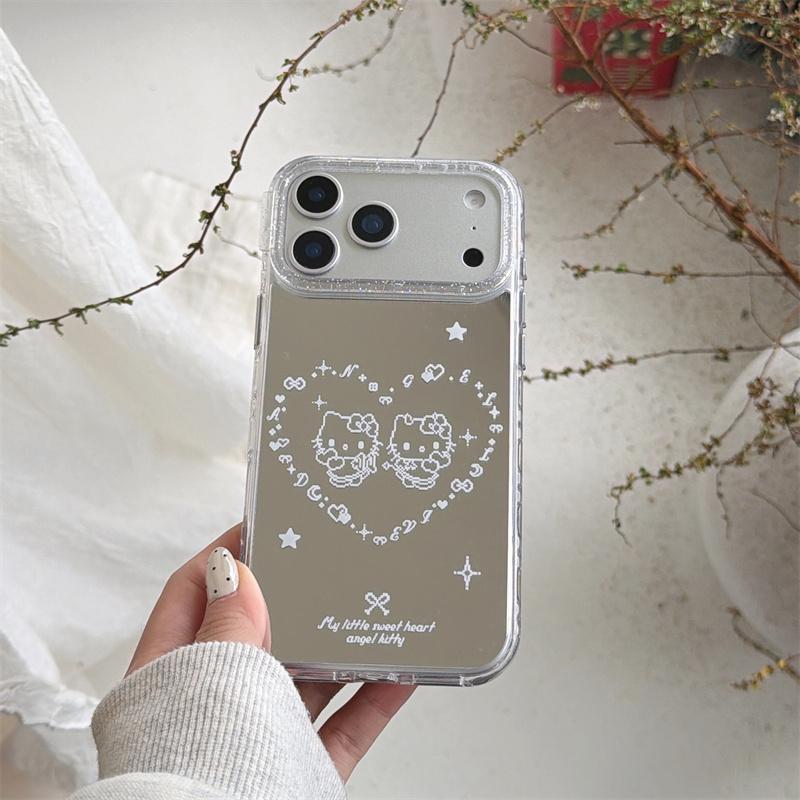New 2026 Mirror Cartoon Cat Heart Phone Case For iPhone 17 Pro 16 15 14 Pro Max with Glitter Frame Shockproof Cover Girl