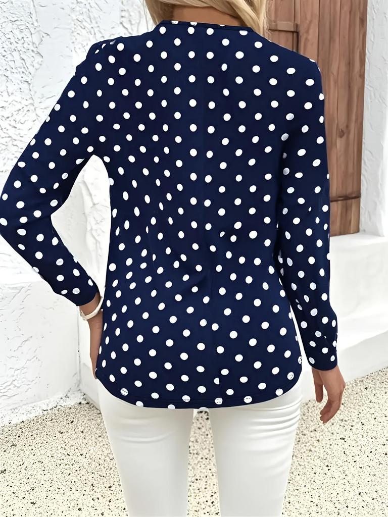 2025 Plus Size Women's Polka Dot Long Sleeve V-Neck Zipper Pullover Top
