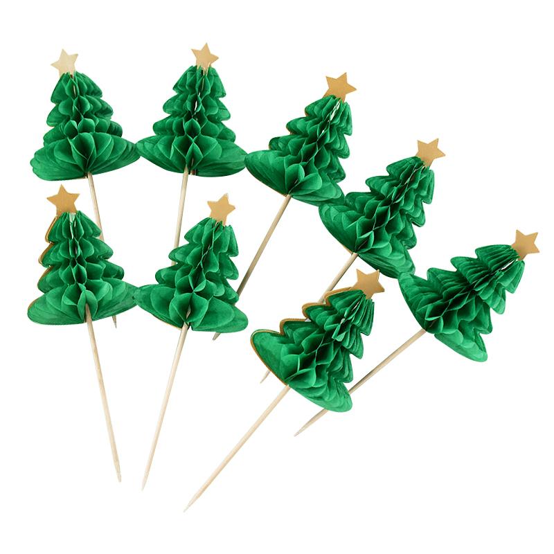 10Pcs Christmas Tree Cupcake Topper Food Fruit Picks Honeycomb Paper Straw 2024 Christmas Party Cake Decoration 2025 New Year