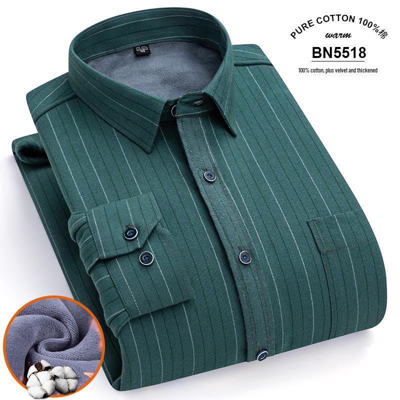Men's Long Sleeve Cotton Plaid Shirt with Velvet Lining