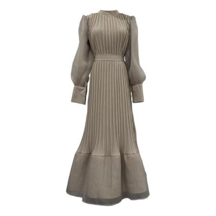 A-Line Evening Dress for Women with Pleated See-through Mesh Lantern Sleeves Stand Collar Tight Waist Ruffle Patchwork Long Maxi Dress