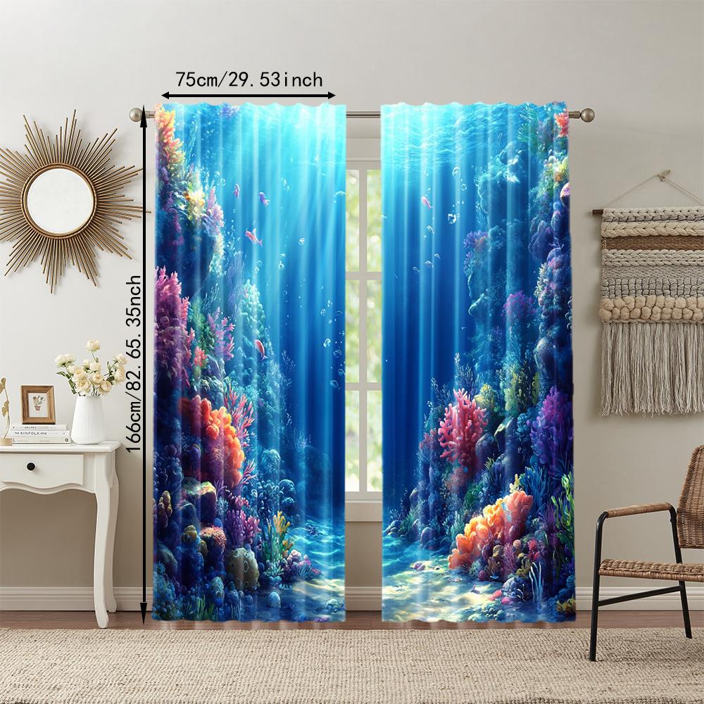 2 pcs   versatile polyester transparent curtains for home decoration Blue Underwater Landscape for use in bedrooms and living