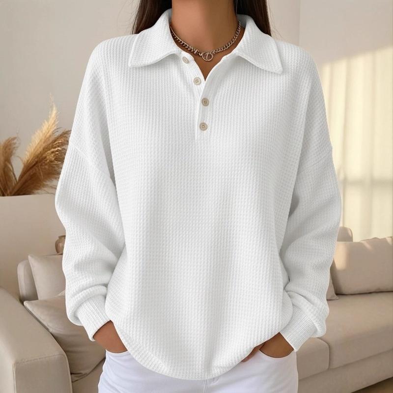 Women's Polo Collar Waffle Knit Long Sleeve Top Loose Fit Casual Pullover