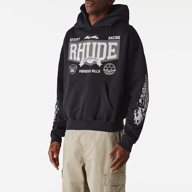 Rhude Vintage Letter Print Heavyweight Hoodie Men Women Loose Fit Streetwear Winter Long Sleeve Top
