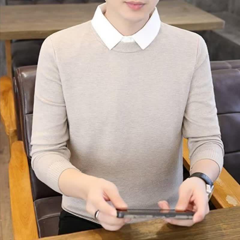 

Men s Designer Autumn 2025 Korean-Style Knit Sweater: Fake Two-Piece with Shirt and Stand Collar Base Layer 2XL хаки