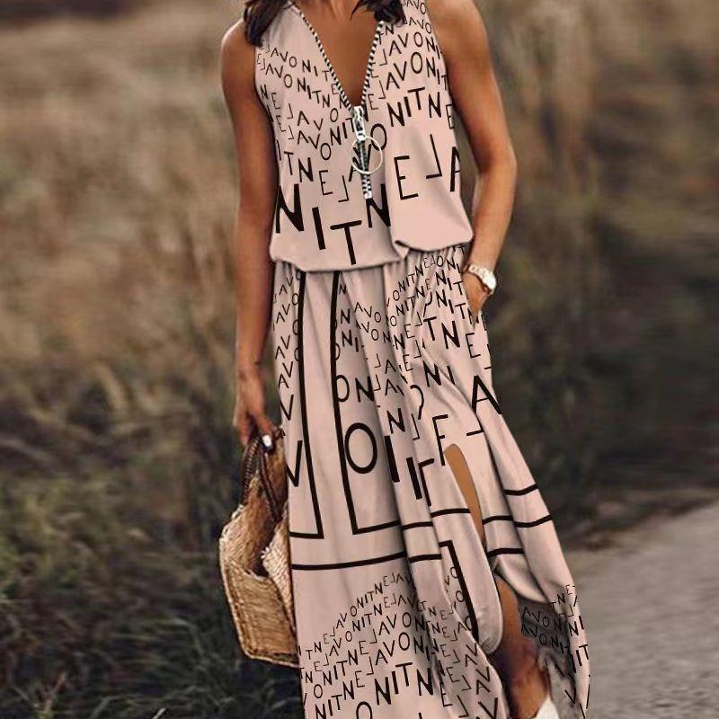 Sommer Damenkleid Lang Ärmellos Lässig Damenkleid Reißverschluss Buchstabenprint Taille