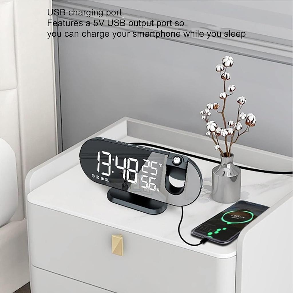 Projection Alarm Clock, USB Powered Mirror Display Design Clock, 180 Degree Rotation High Brightness LED Light Source Ceiling Digital Alarm Clock