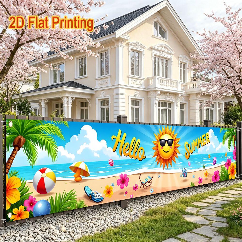 Hello Summer Beach Palm Tree Flower Umbrella Fence Banner Decor