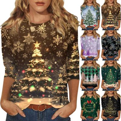 Women's Fashionable Casual Three Quarter Sleeve Christmas Printed Round Neck Top