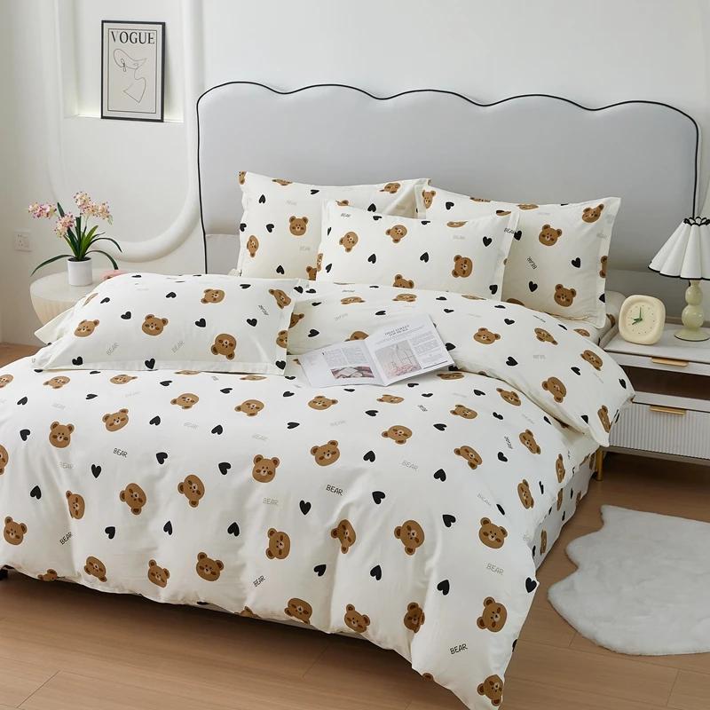 Cute Bear 100% Cotton Duvet Cover Cartoon Theme Bedding Set Kawaii Animal Comforter Cover Heart Print Bed Sets with 2 Pillowcase