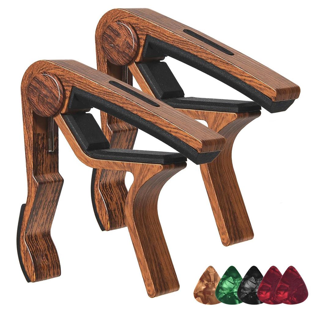 2 Acoustic/electric Guitar Capo Aluminum Alloy Wood Grain Capo + 5 Picks with Pick Slot