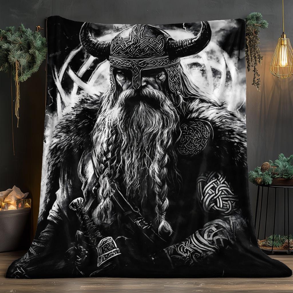 Viking Warrior Norse God Odin Flannel Blanket Nordic Mythology Black White Art Soft Throw Cover Men Gift