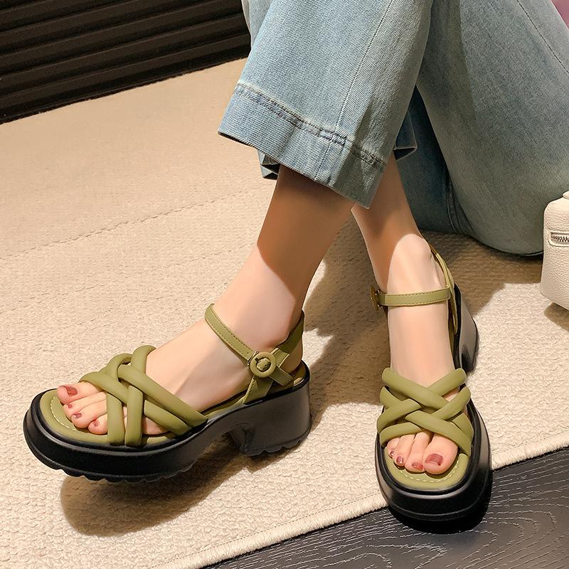 Sandali verdi intrecciati con rialzo donna moda di nicchia scarpe da donna argento nuovo open-toe platform versatili Roma