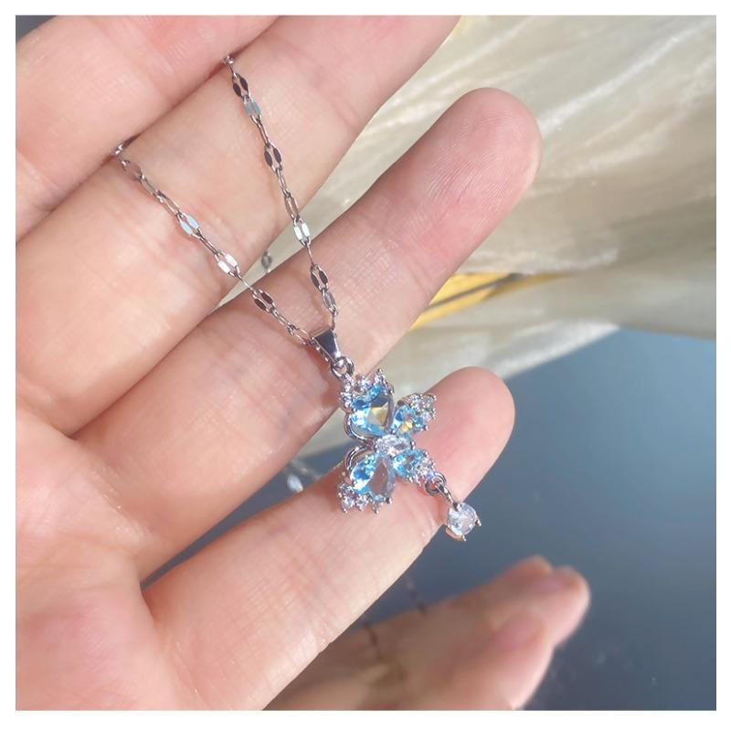 Women S Butterfly Tassel Titanium Steel Necklace Zircon Inlaid Clavicle Chain