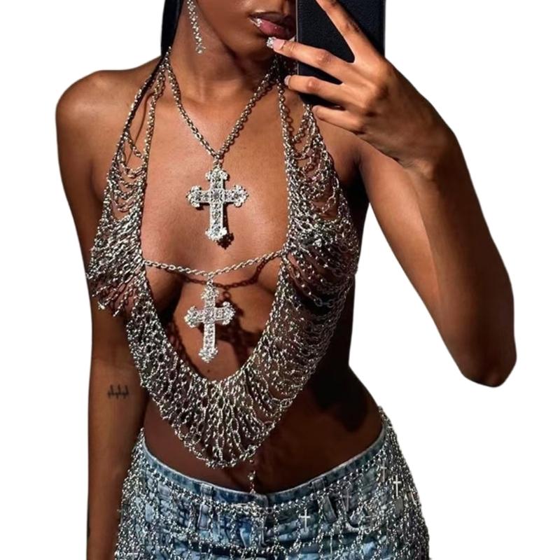 

Metal Crosses Pendant Body Chain for Women Adorned with Rhinestones Halter Neck Crop Top for Parties and Casual Outings 1