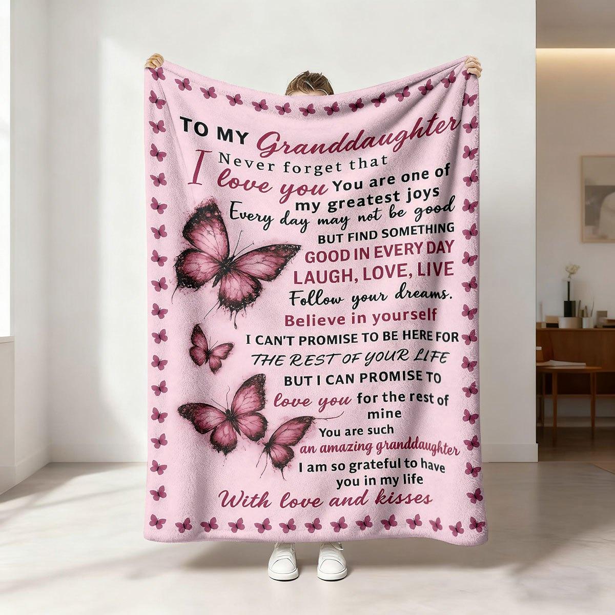 1pc Pink Butterfly And  TO MY Granddaughter  Printed Pattern Fleece Blanket, Suitable for Sofa, Bed, Travel, Camping And Home Decor, All-Sea 100x150cm