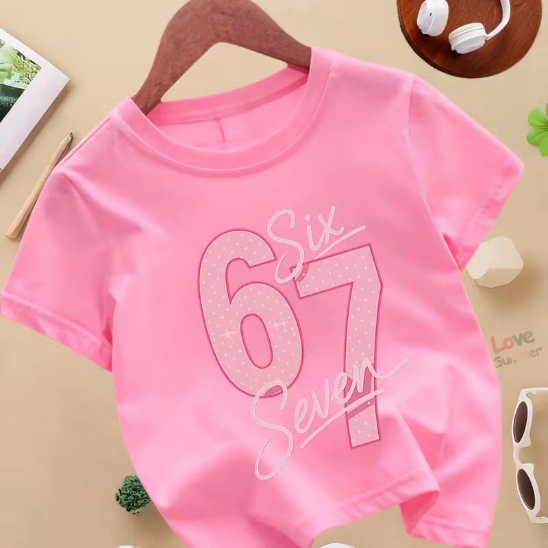 67 Number Print girls T Shirts 4 To 14 Years T Shirt Casual Italian Brainrot Summer Top Suitable for Funny Gift for Casual Attire