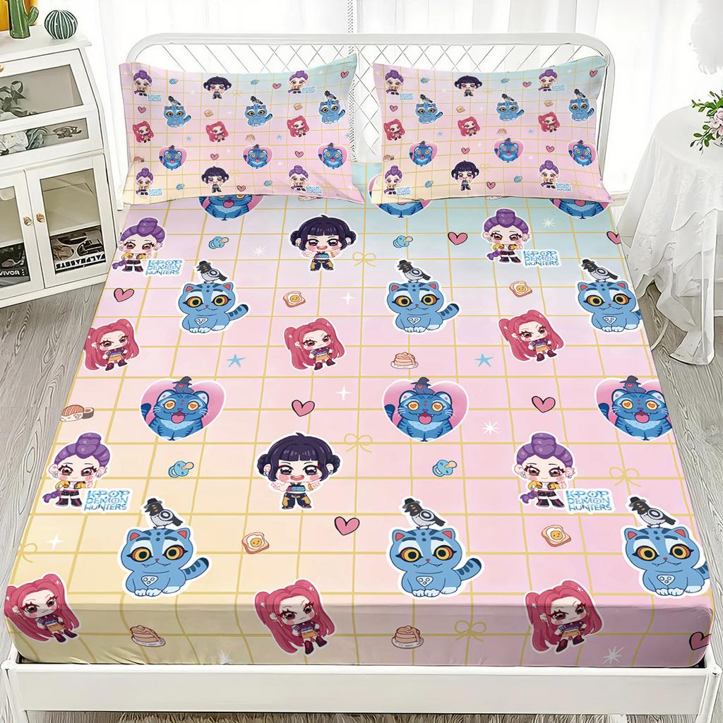 1pc K-Pop Demon Hunters Fitted Sheet Polyester Durablle Machine Washable Bedding Set for Home Bedroom Decoration Birthday Gift