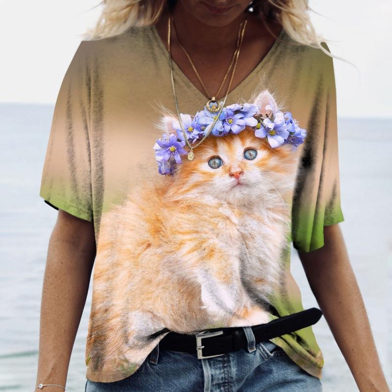 Women's T-shirt Cat 3D Printed Casual V-neck Short Sleeved Girl's Clothing Loose Top