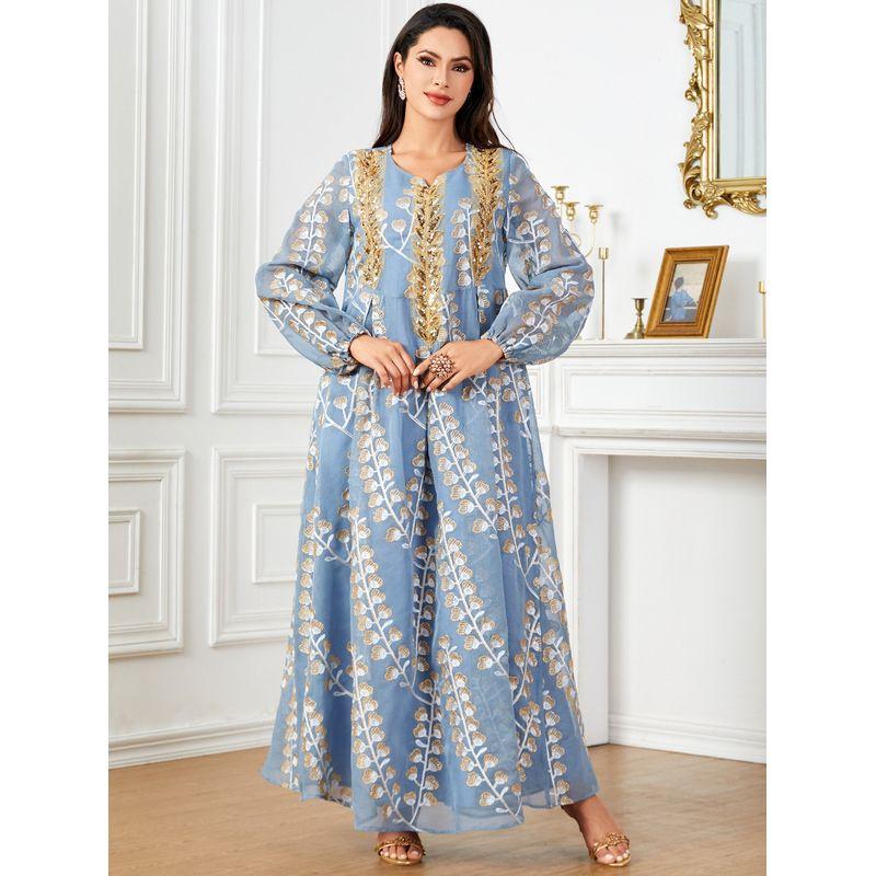 Middle East Indonesia Saudi Arabia Fashion Mesh Embroidered Long Skirt Women's Closed Sleeve Robe Dubai Dress Dresses
