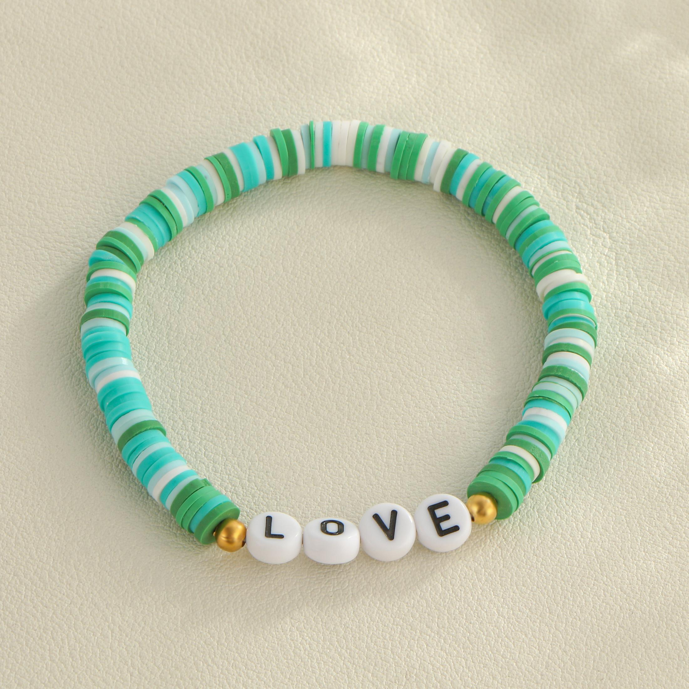 

LOVE Letter Multicolor Heishi Beaded Stretch Bracelet Set for Women Y2K Boho Jewelry Gift 16cm зелёный