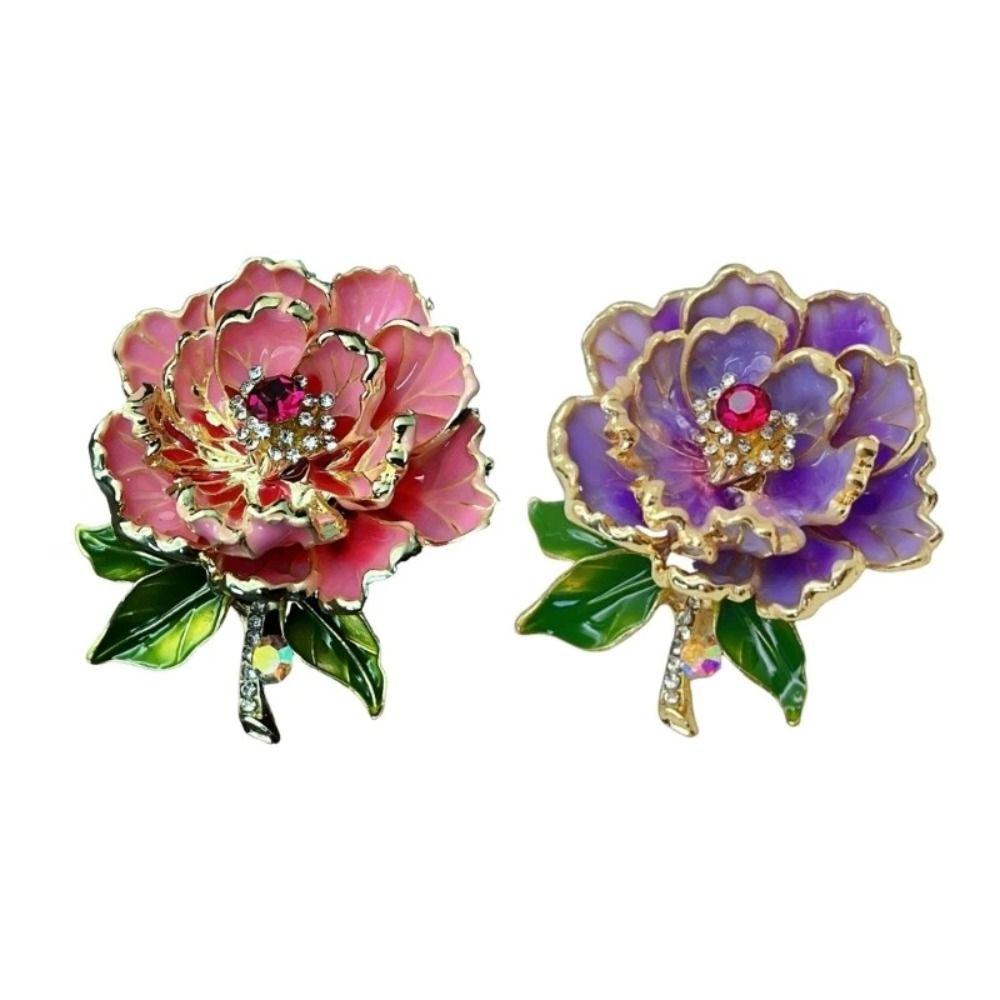 Luxury Enamel Peony Brooch Zinc Alloy Banquet Jewelry Corsage Flower Pin Rhinestone Friend Gifts Plant Brooch