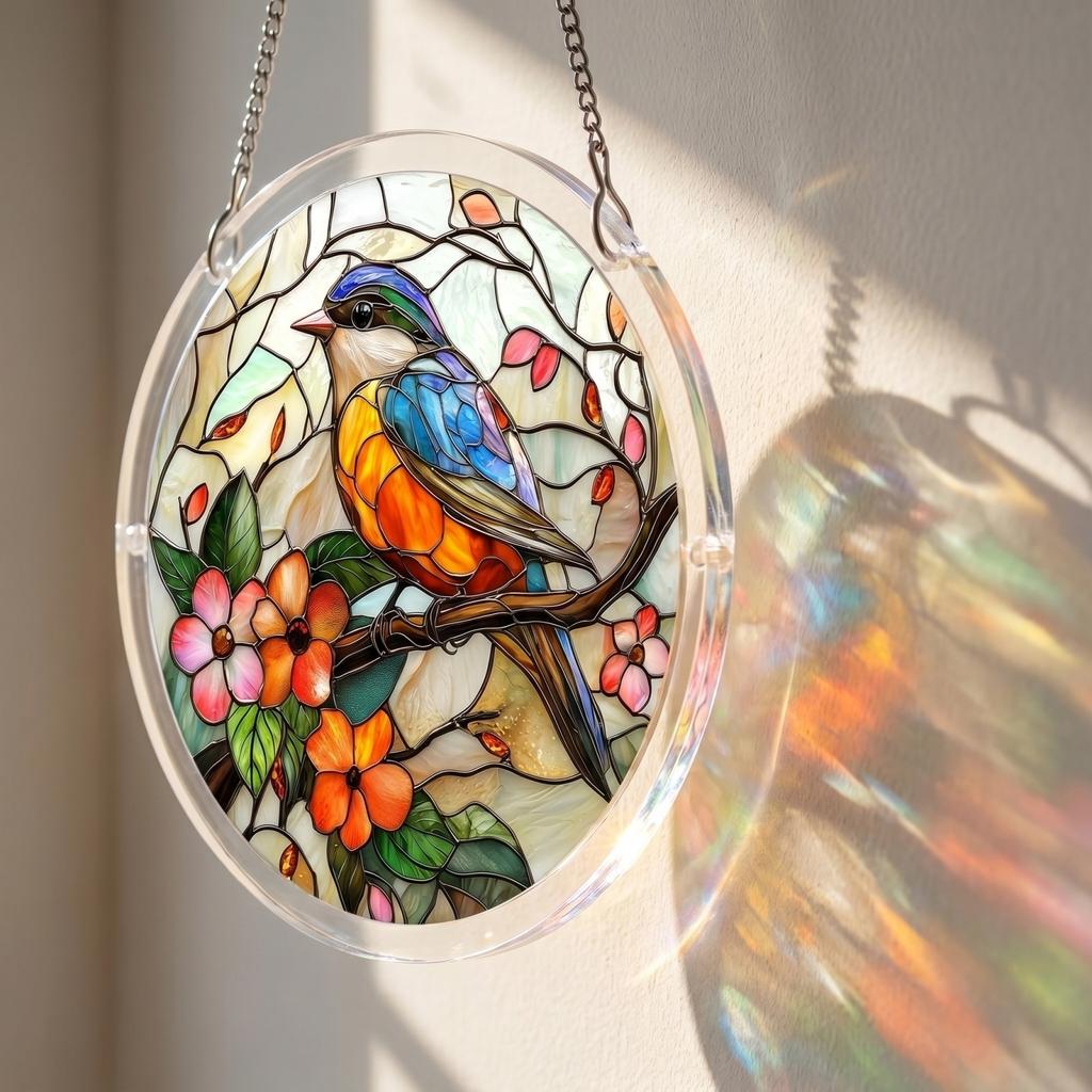 Round Hanging Stained Glass Panel with Butterfly and Floral Pattern for Window or Wall Decoration Indoor Outdoor Use