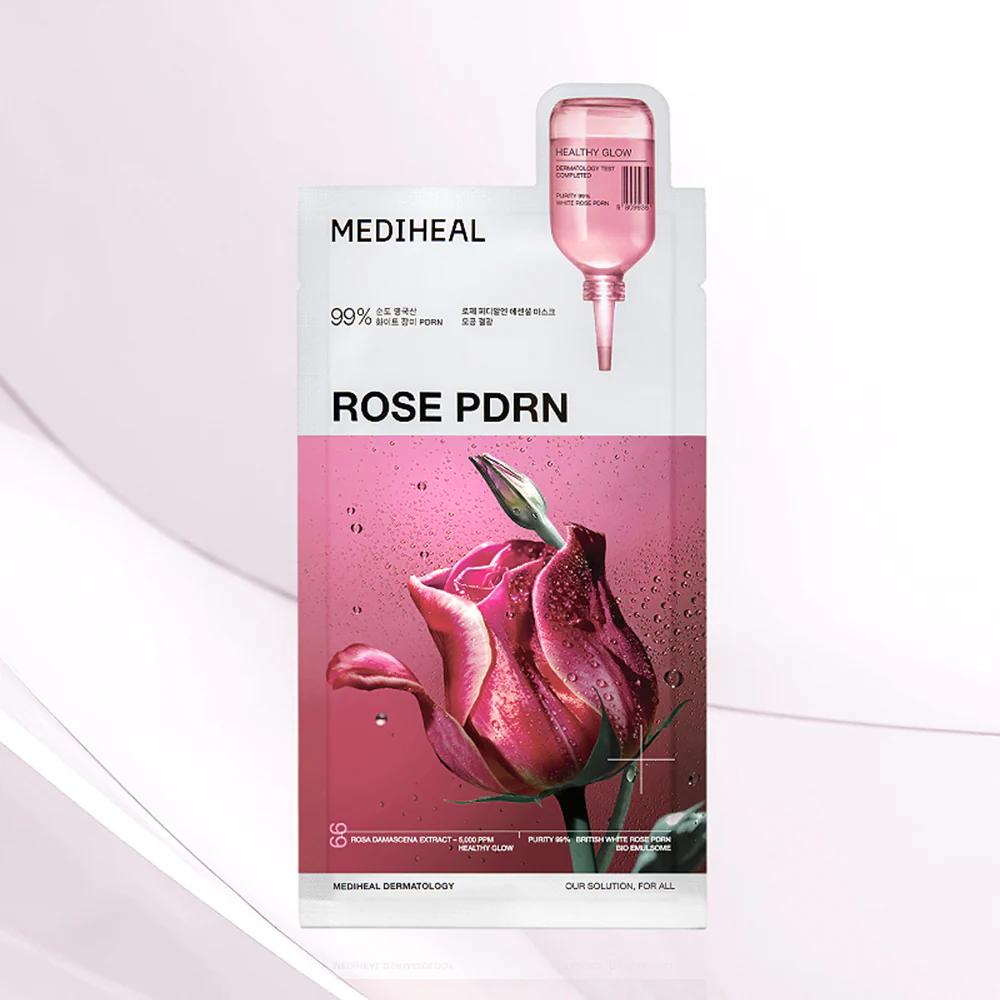Mediheal Rose PDRN Essential Sheet Mask 10 Pcs. 99% Pure White Rose PDRN & Hyaluronic Acid for Hydrating, Firming, and Enhancing Moisture Barrier