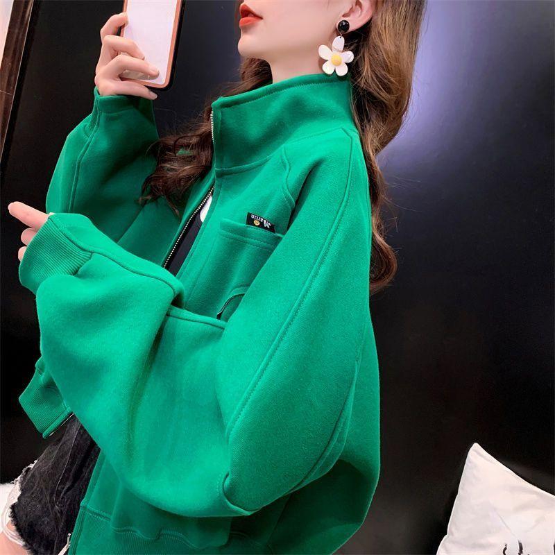 Solid Color Stand Collar Sweatshirt with Stylish Design, Women's Fashionable Outerwear for Autumn and Winter