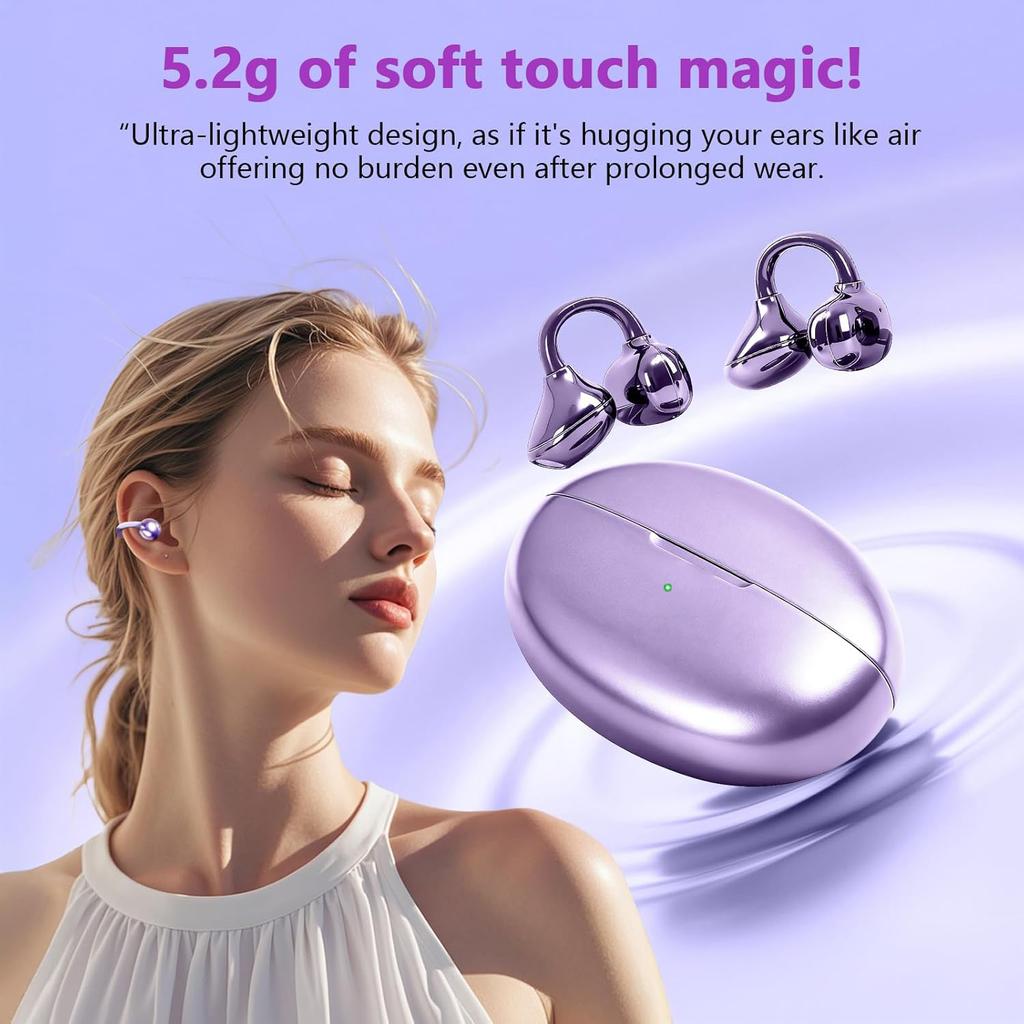 Clip-On Open-Ear Bluetooth 6.1 Earbuds with Microphone, Comfortable Non-In-Ear Sports Headphones with HD Sound & Noise Reduction for Running
