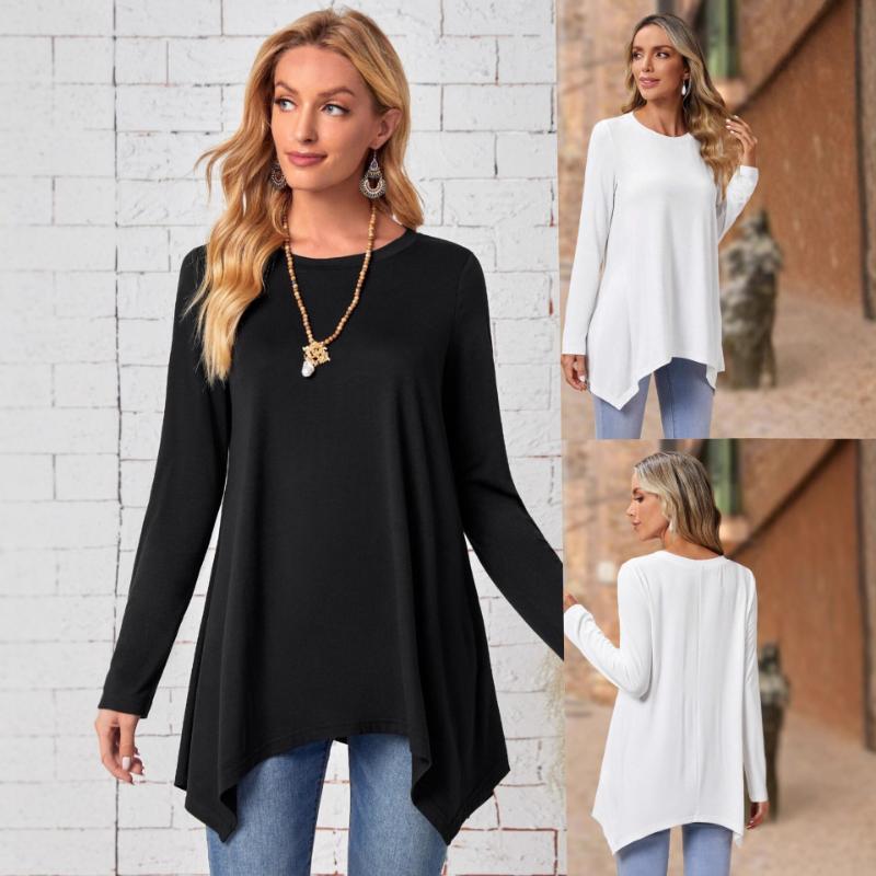 2025 New Solid Color Long Sleeve Irregular Fashion Round Neck Top Women's Simple Versatile T-shirt