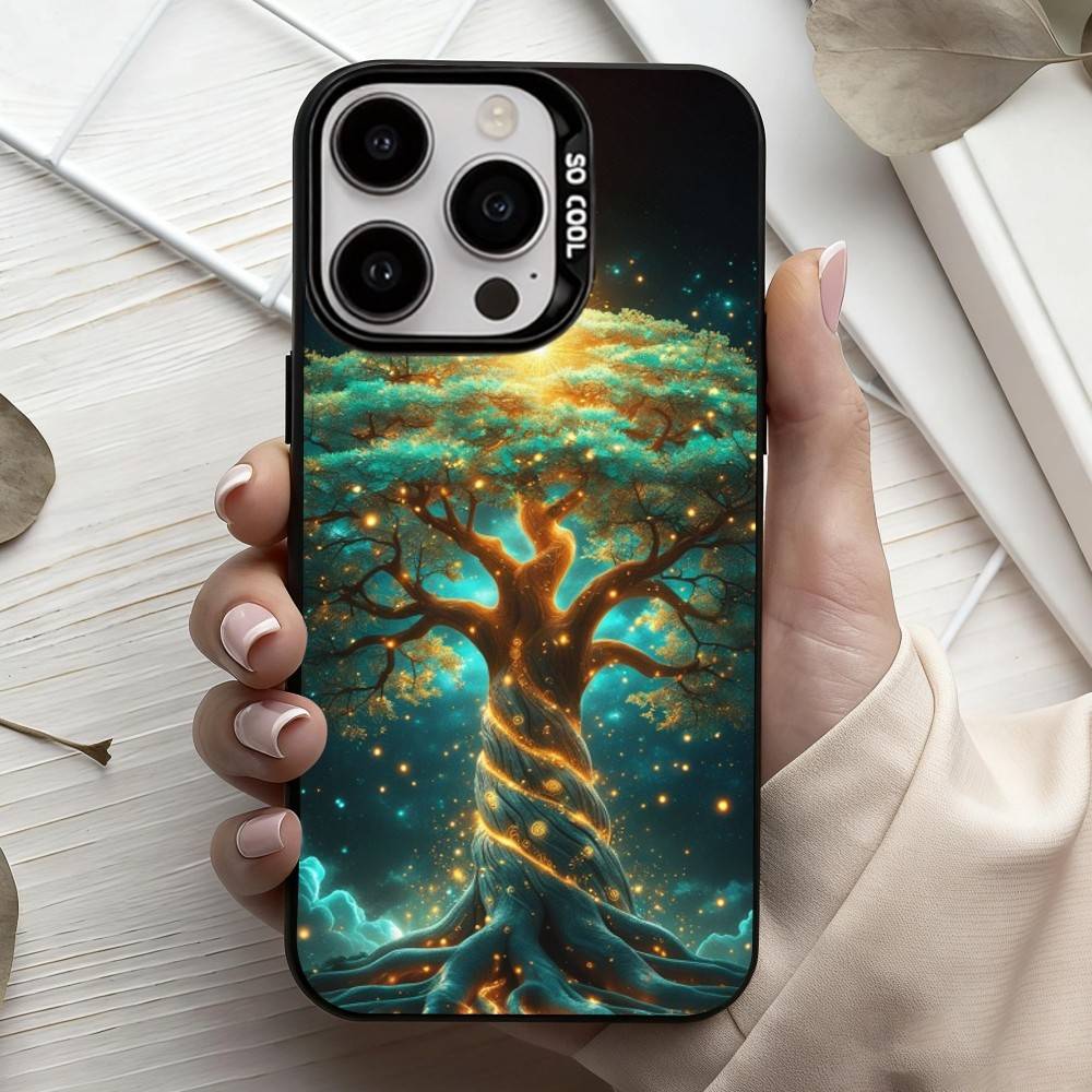 W-World L-Life Tree Mobile Phone Case For iPhone17,16,15,14,13,12,11 Plus,Pro Max Black Candy Silver Plated Cover