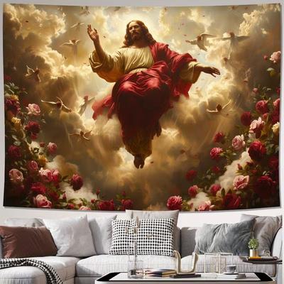 2D Christian Jesus Tapestry, Sacred Heaven & Roses Wall Art for Home Decor