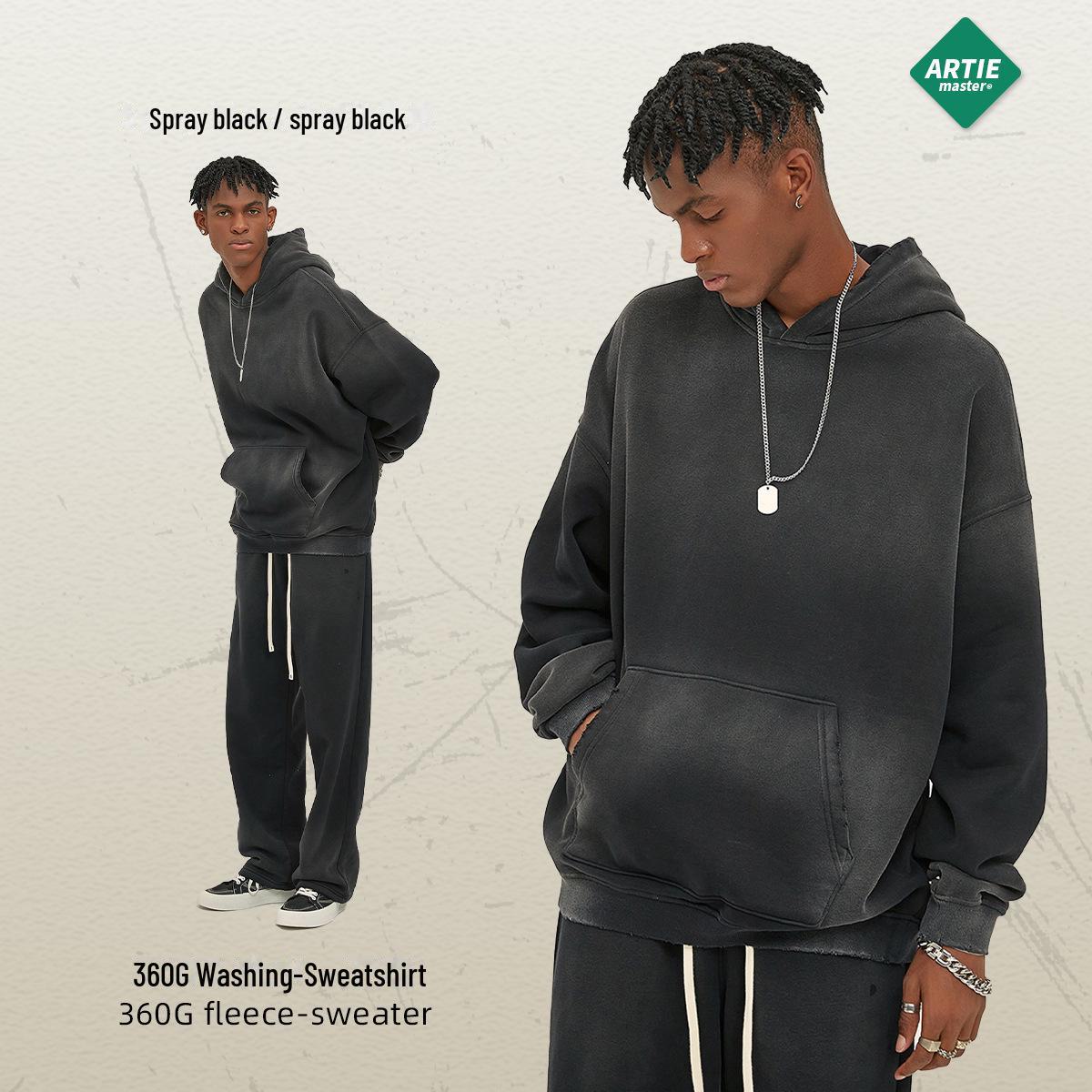 

ARTIE Мужская толстовка с капюшоном из однотонного бархата 2024 года, осень/зима – 360 г, потертый дизайн с распылением XXL чёрный