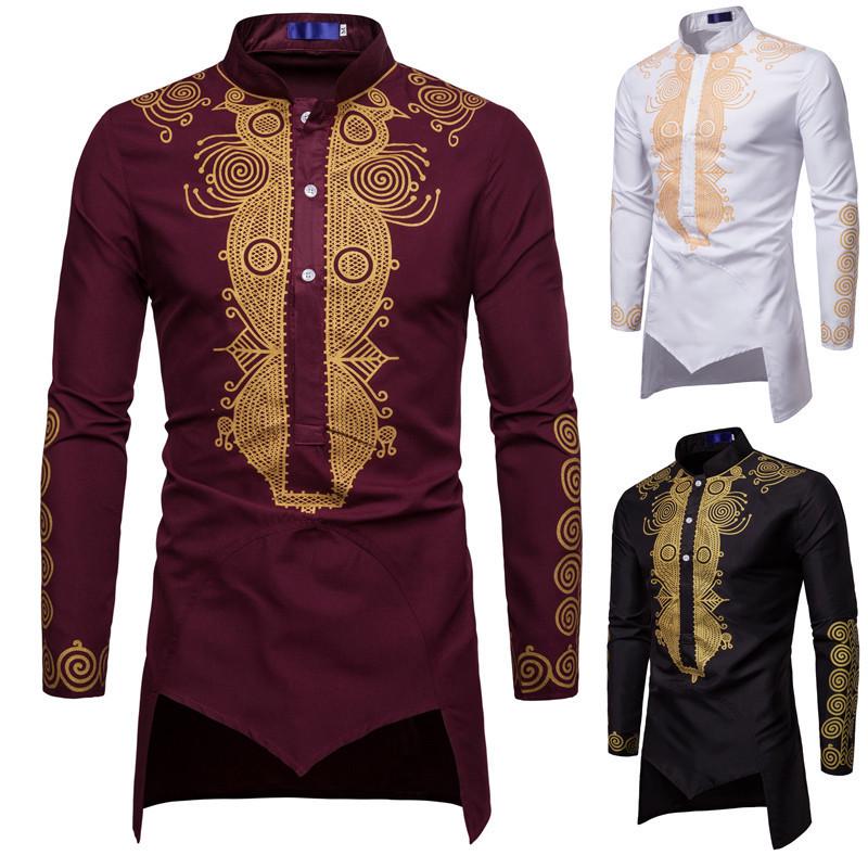 Men's Gold Foil Print Long Sleeve Middle Eastern Style Shirt (European Size, 2023)